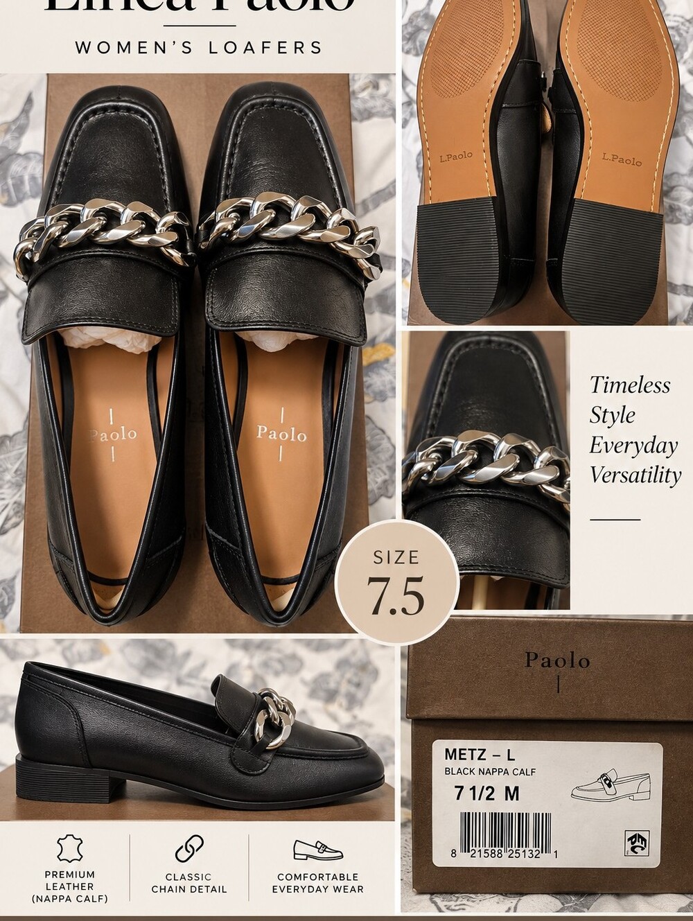 NIB Linea Paolo Black Nappa Calf Loafers with Silver Chain